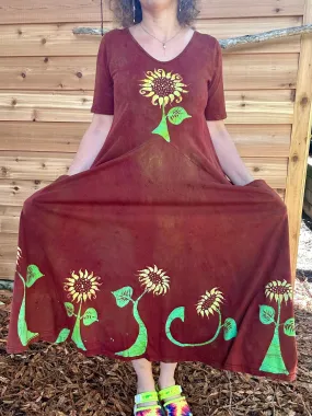 Red Sunflower Batik Dress With Pockets - Size Small