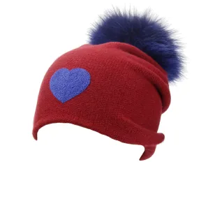 Reversible Slouchy Red Cashmere Hat with Blue Heart and Electric Blue Pom-Pom