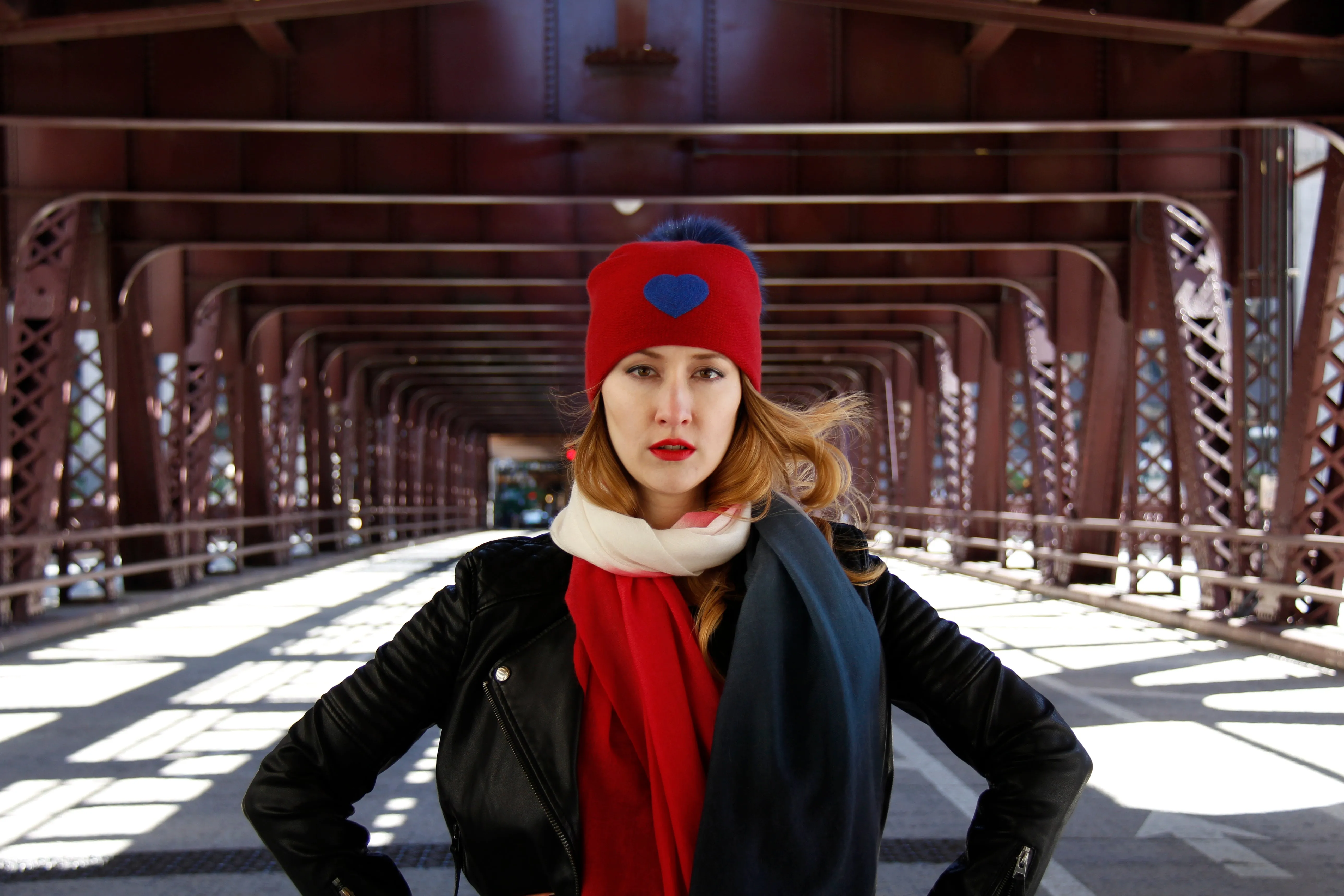 Reversible Slouchy Red Cashmere Hat with Blue Heart and Electric Blue Pom-Pom