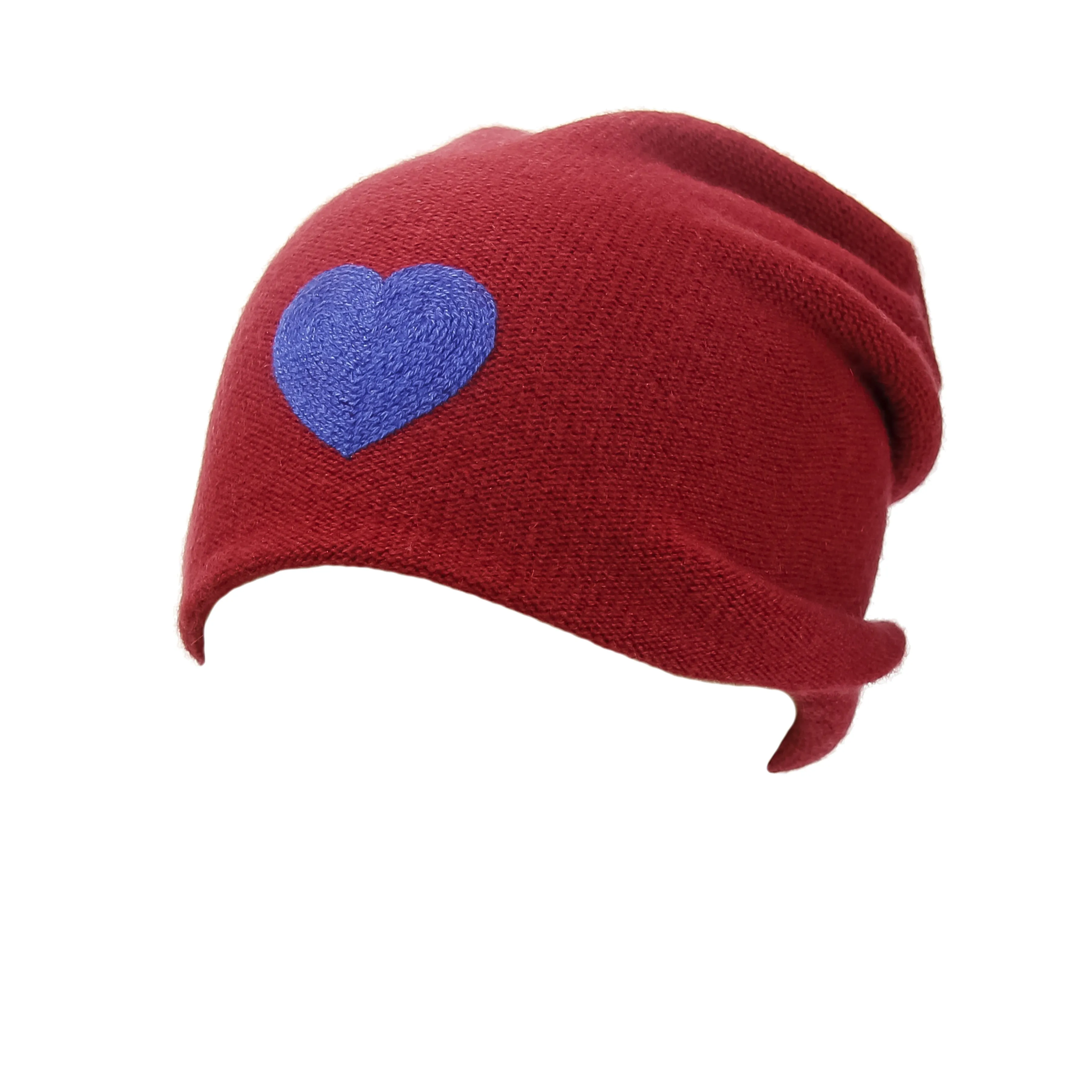 Reversible Slouchy Red Cashmere Hat with Blue Heart and Electric Blue Pom-Pom