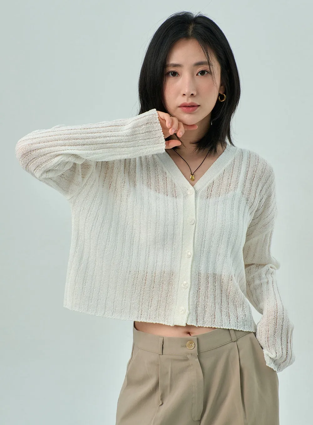 Ribbed Knit Mesh Cardigan OY310