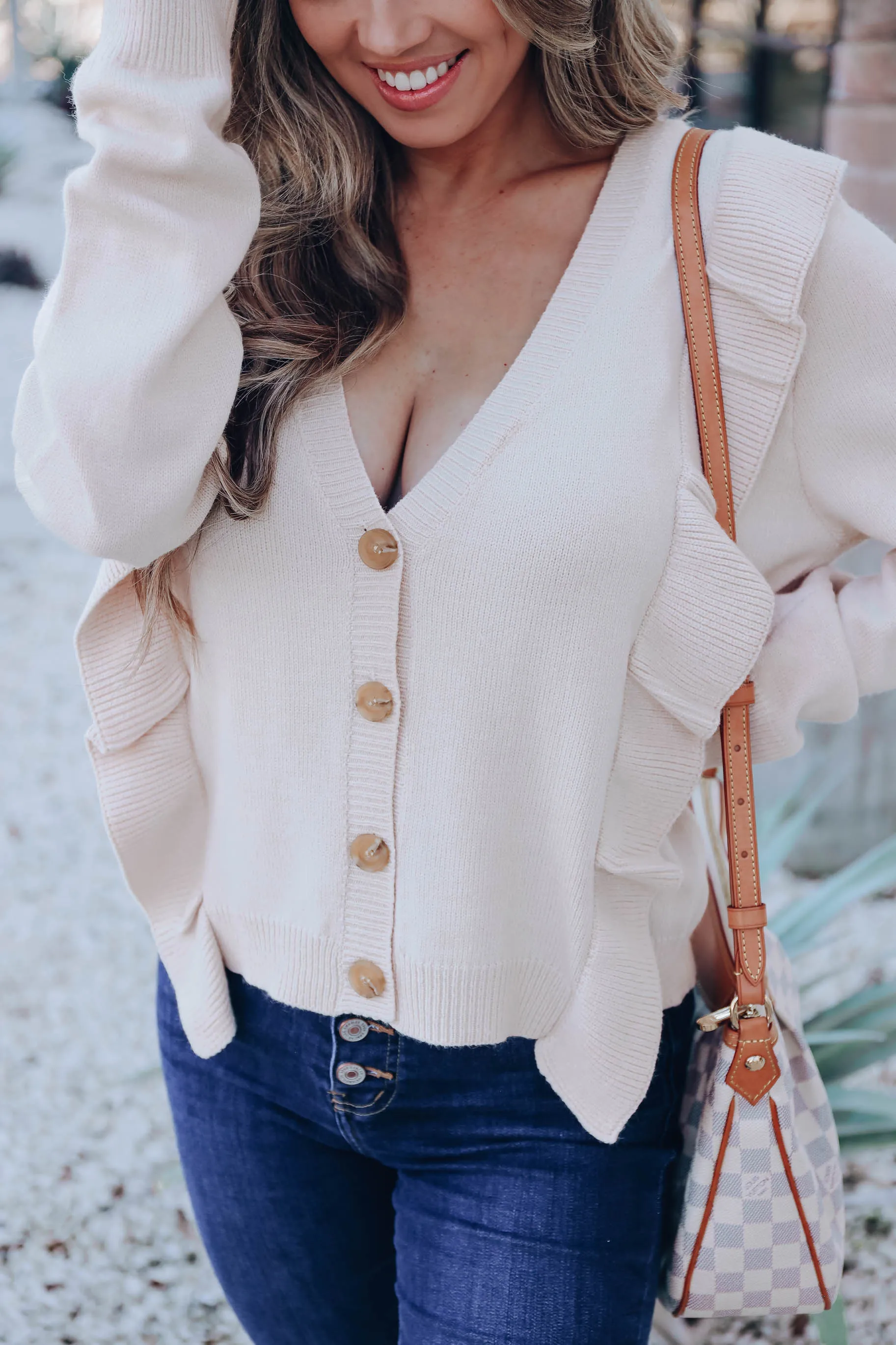 Roman Button Up Ruffle Cardigan - Cream