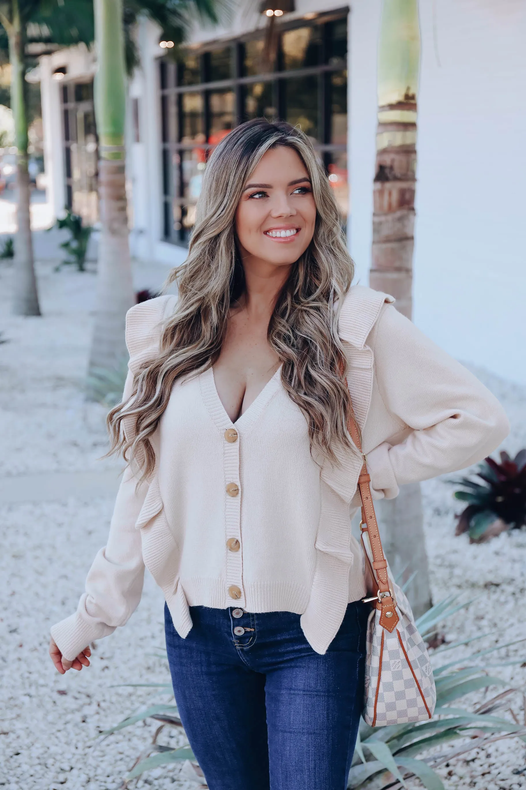 Roman Button Up Ruffle Cardigan - Cream