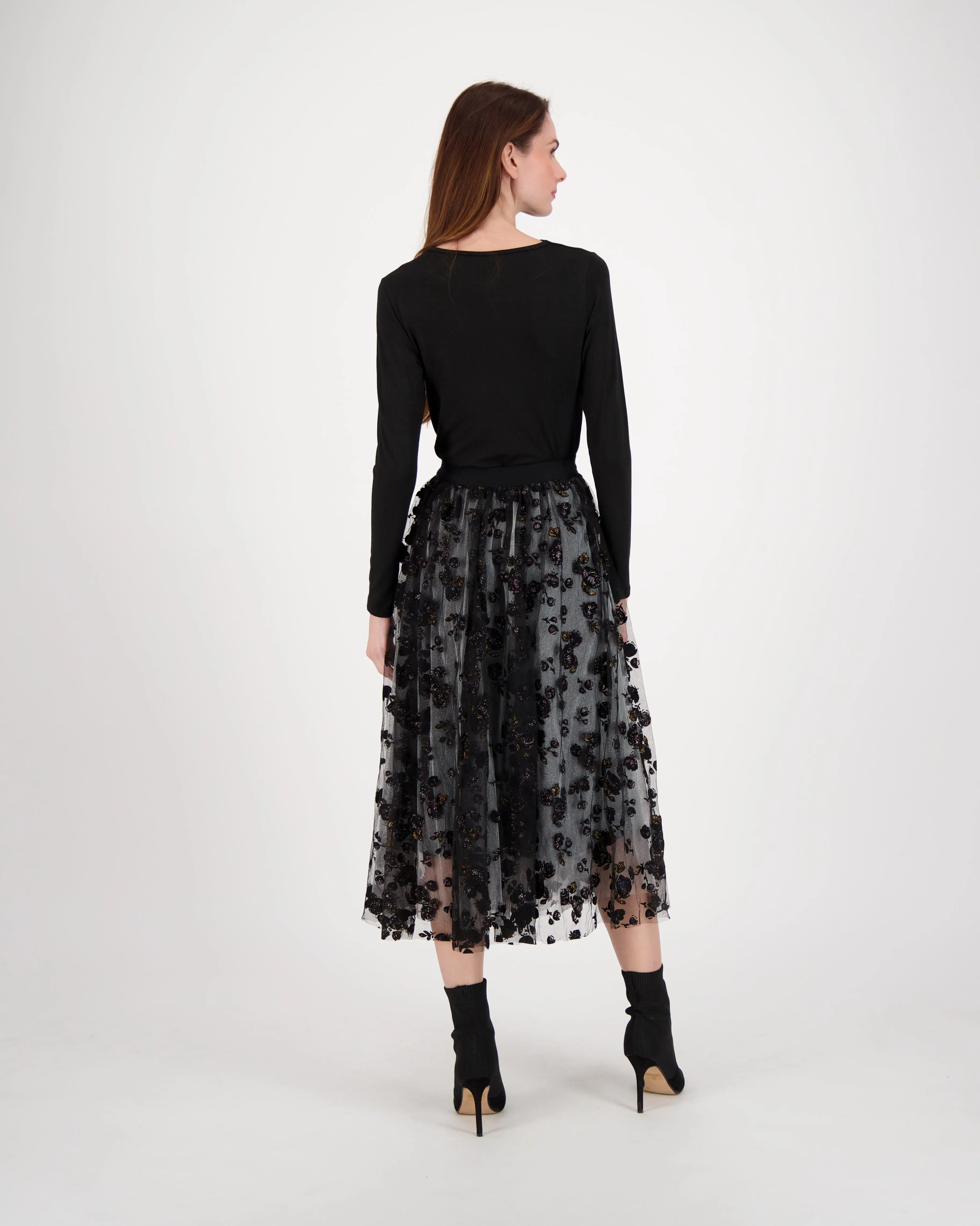 Rose Flocked Layered Mesh Midi Skirt