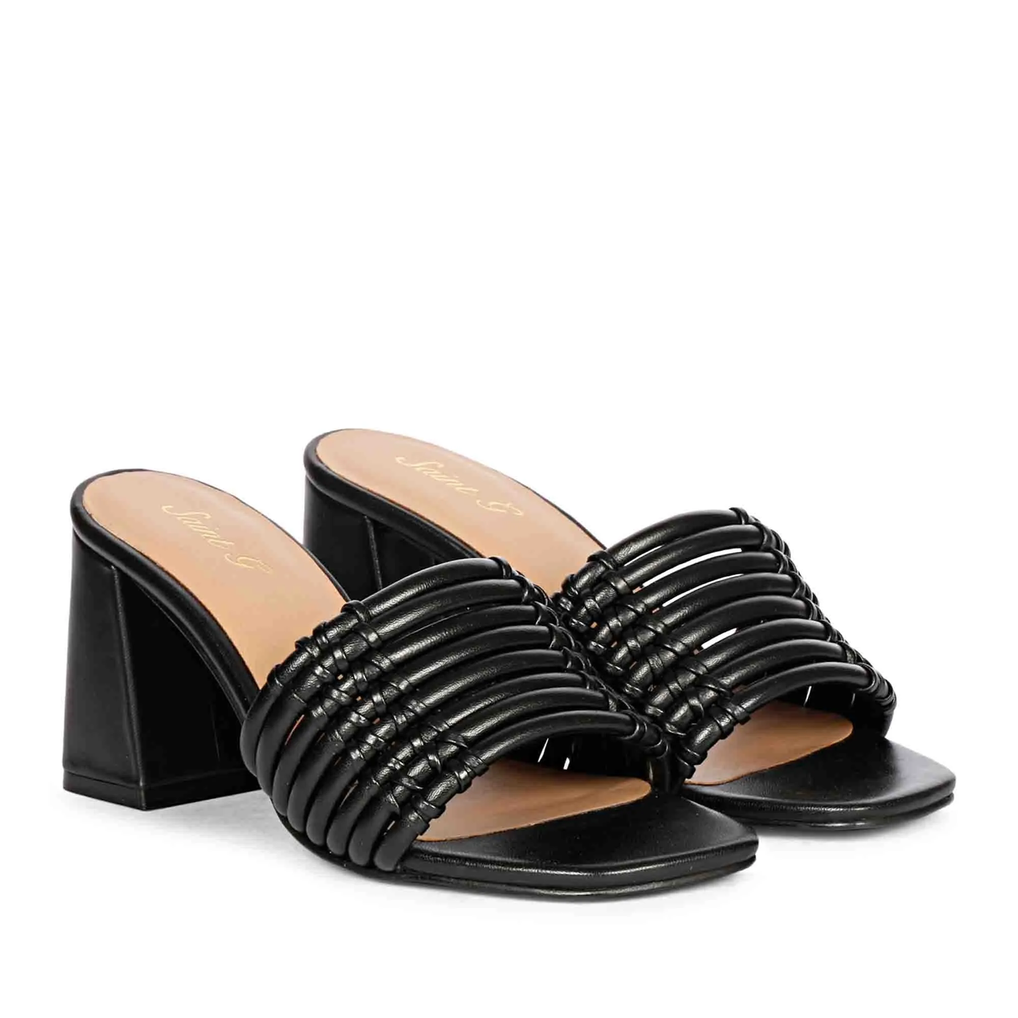 Saint Bethany Strappy Black Leather Block Heels