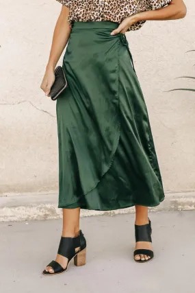 Satin Faux Wrap Skirt in Emerald