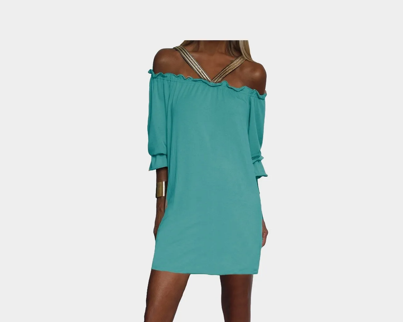 Sea foam Gold Strap Off Shoulder Dress - The Ibiza