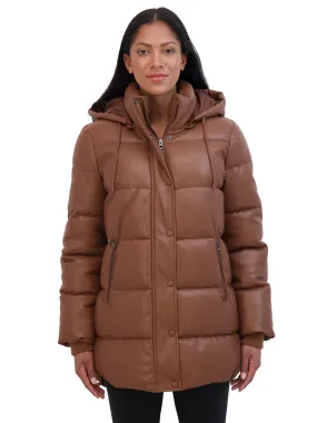 Sebby Collection Women's Faux Leather 3/4 Puffer Jacket With Hood