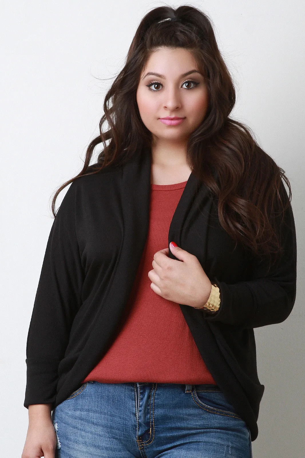 Shawl Collar Open Front Dolman Sleeves Cocoon Cardigan