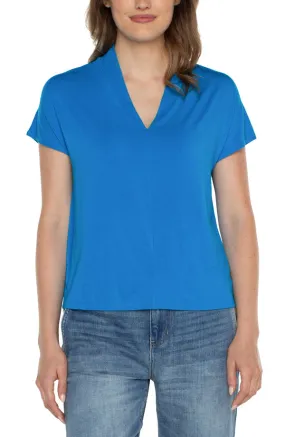 Shawl Collar Short Sleeve Dolman Knit Top - Diva Blue