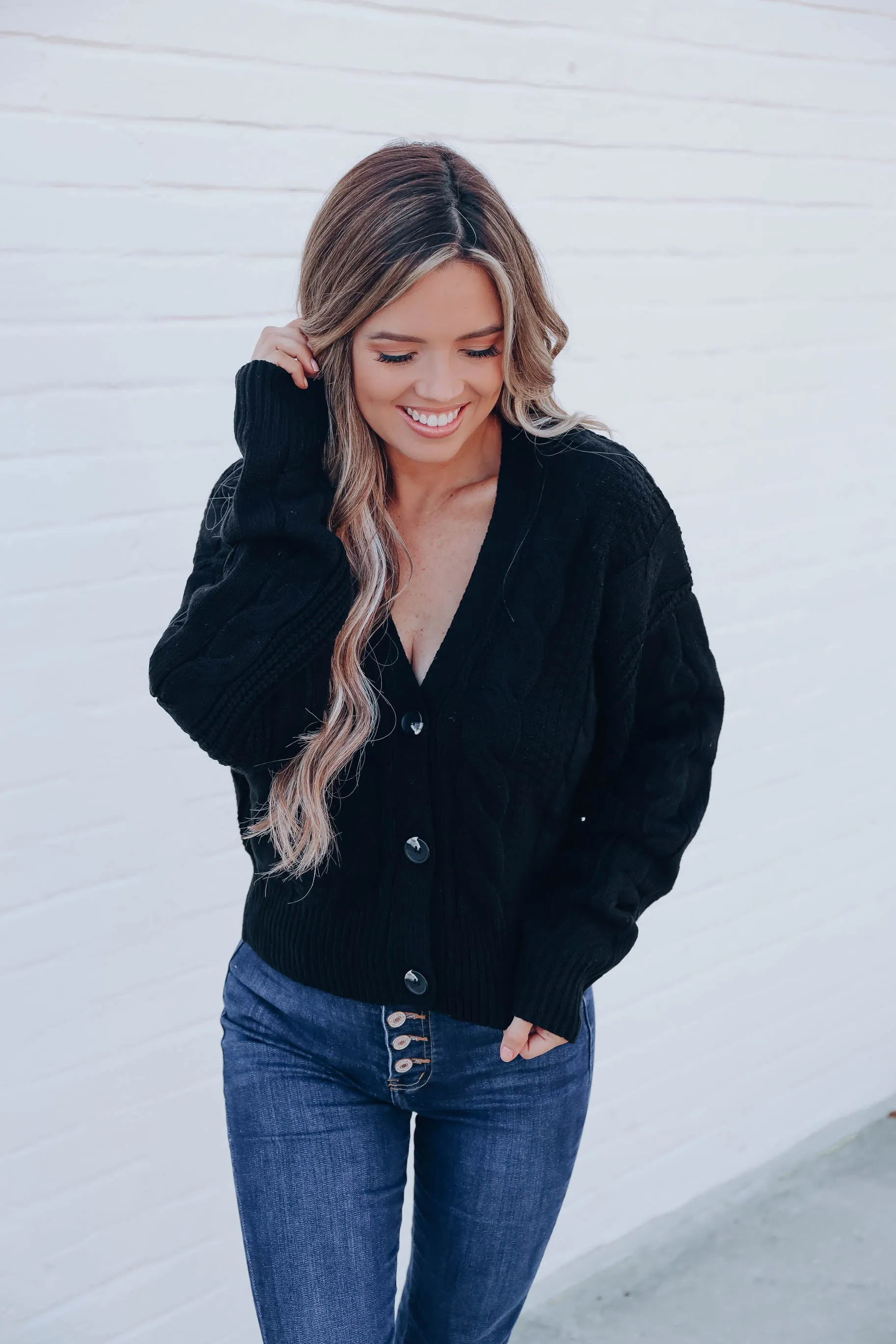 Snuggly Button Up Cropped Cardigan - Black