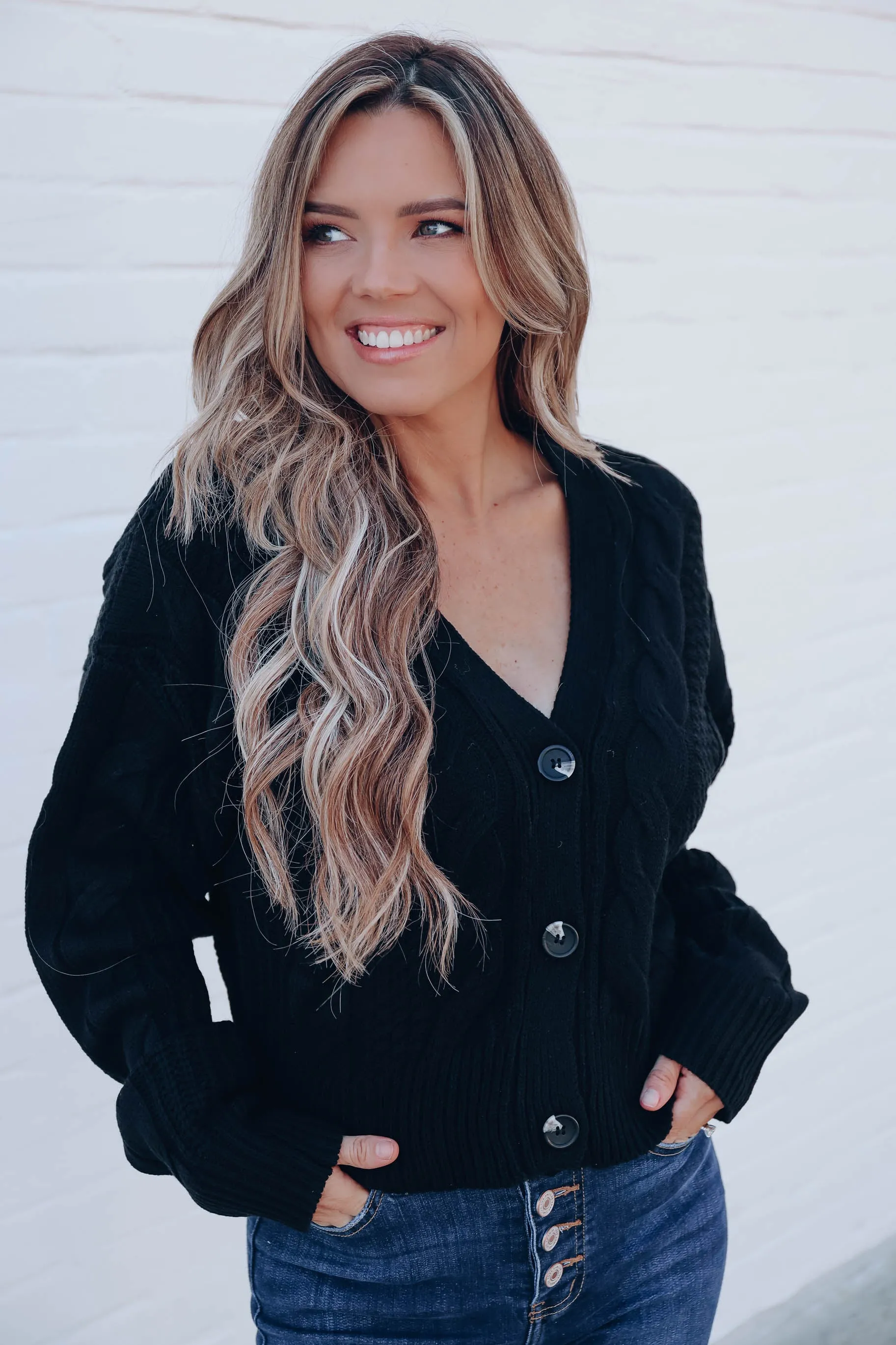 Snuggly Button Up Cropped Cardigan - Black