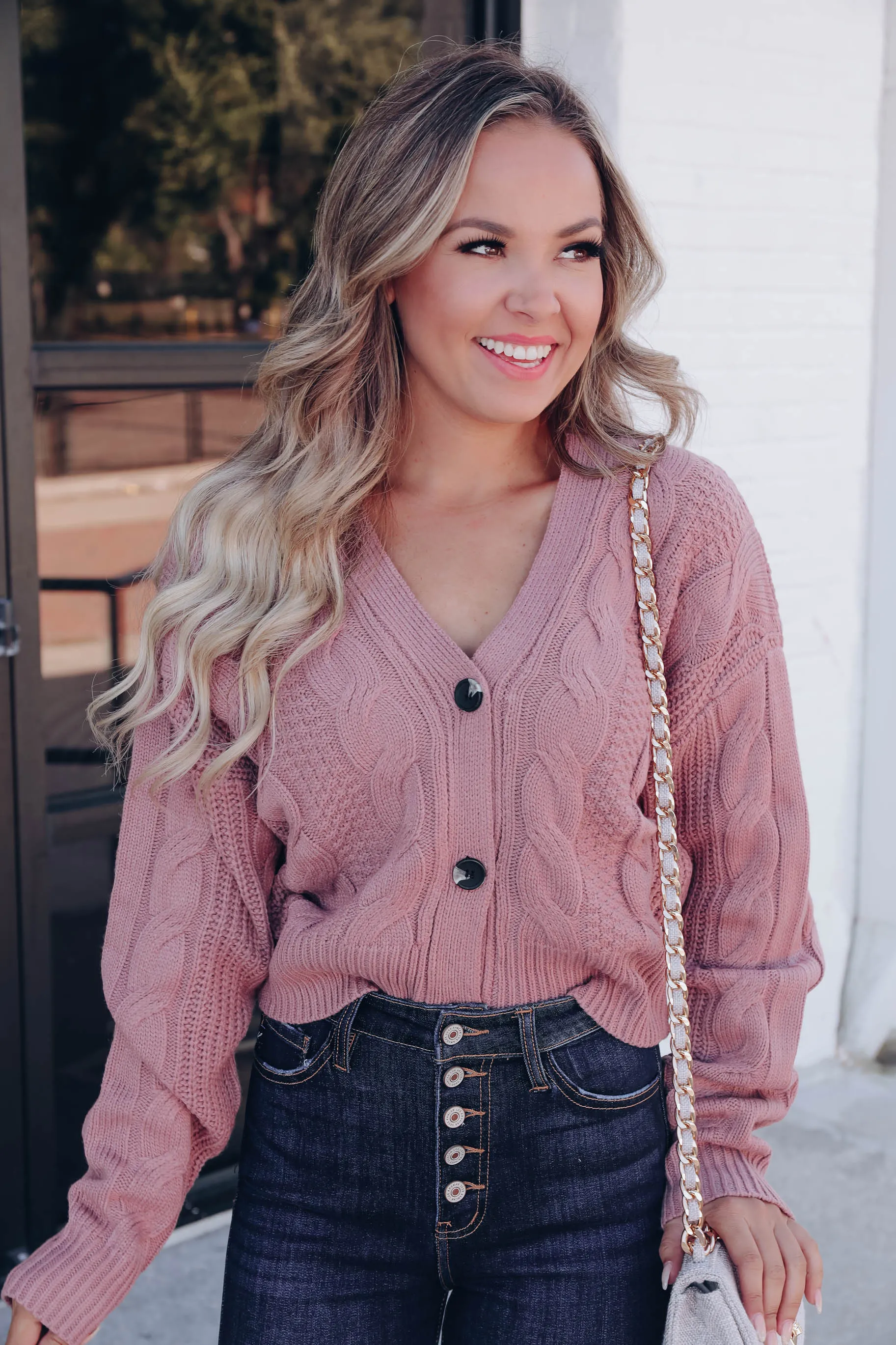 Snuggly Button Up Cropped Cardigan - Mauve