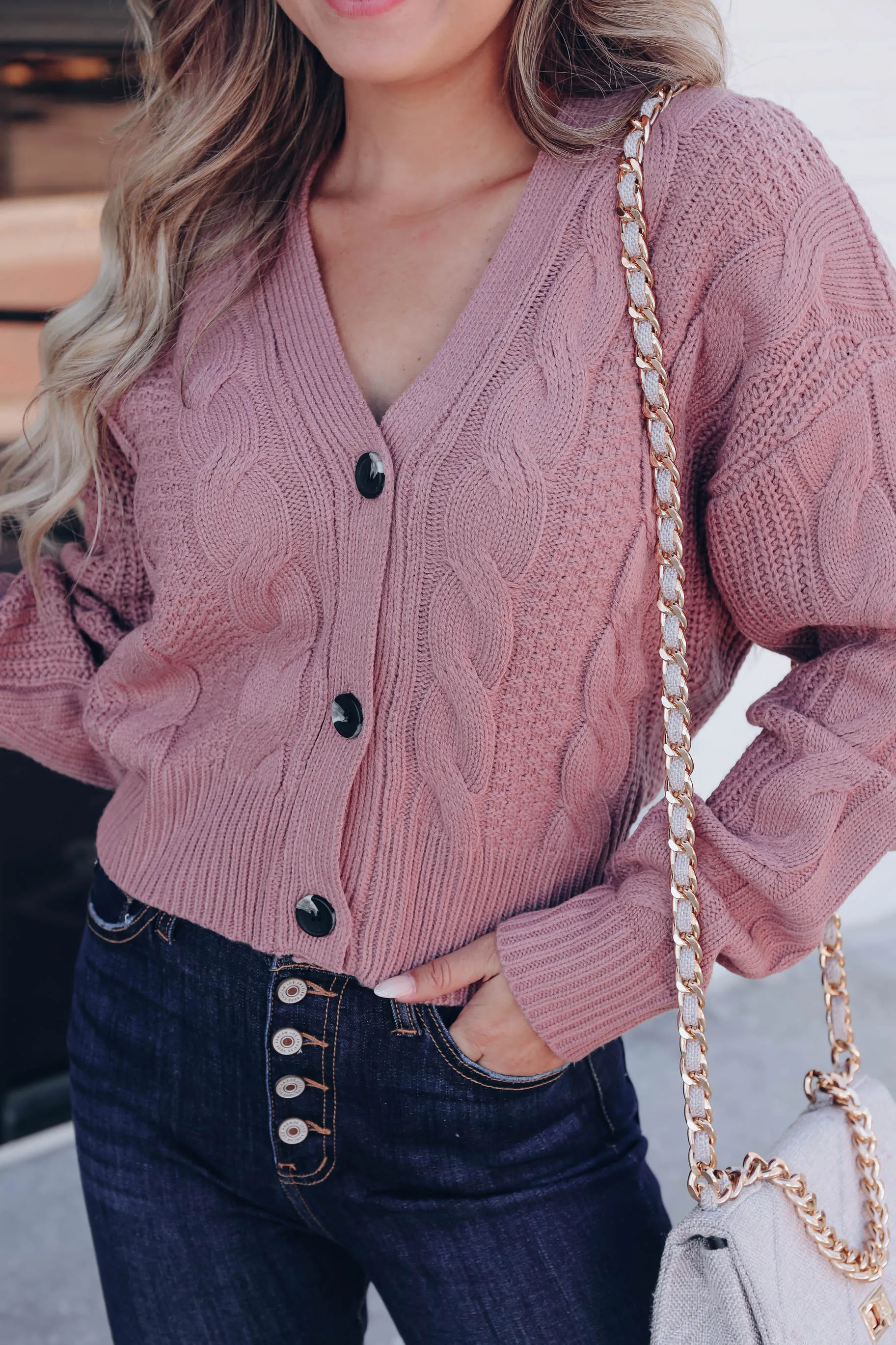 Snuggly Button Up Cropped Cardigan - Mauve