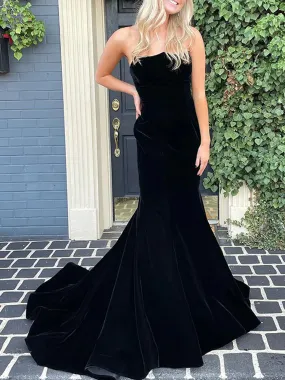 Strapless Mermaid Black Velvet Long Prom Dresses with Train, Mermaid Black Formal Graduation Evening Dresses