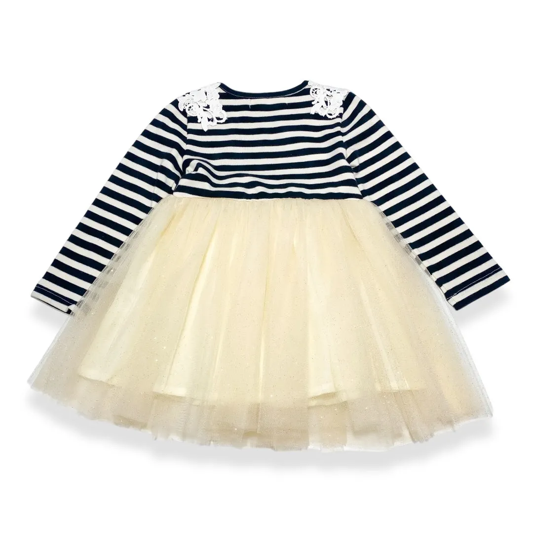 Stripy Tulle Dress with Floral Shoulder Patch