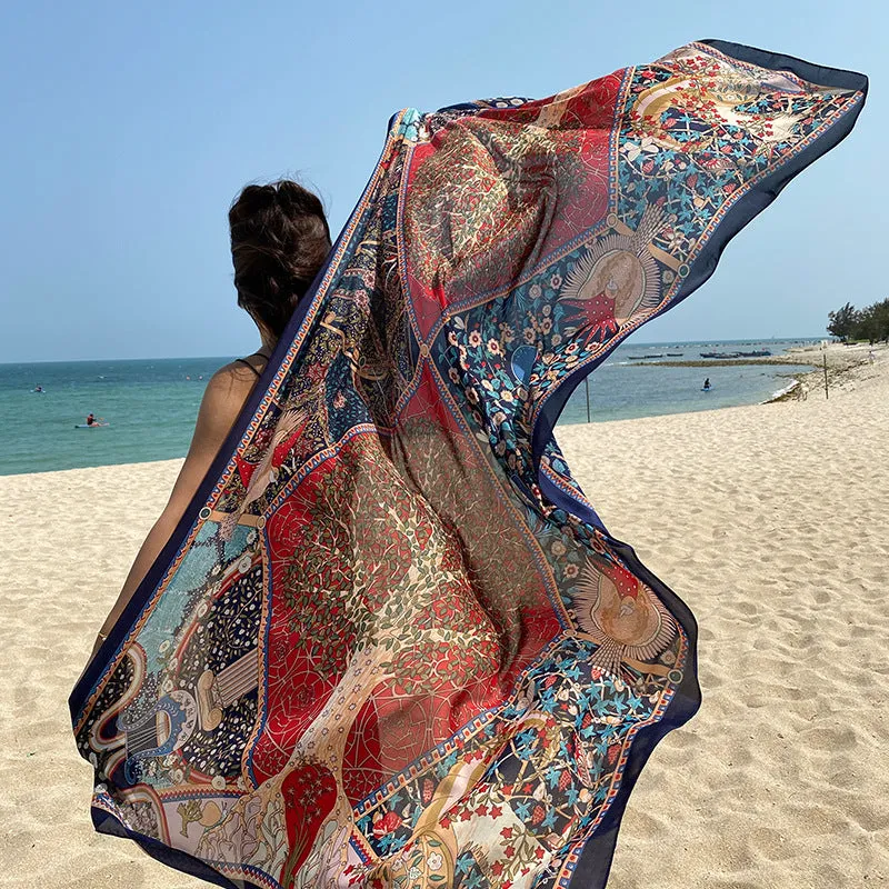 Summer simulation silk printing fortune tree scarf temperament female all-match sunscreen silk scarf tulle large shawl