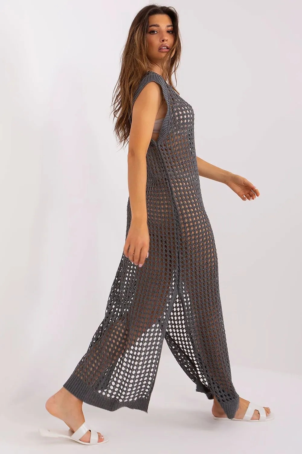 TEEK - Openwork Sleeveless Mesh Slit Beach Dress