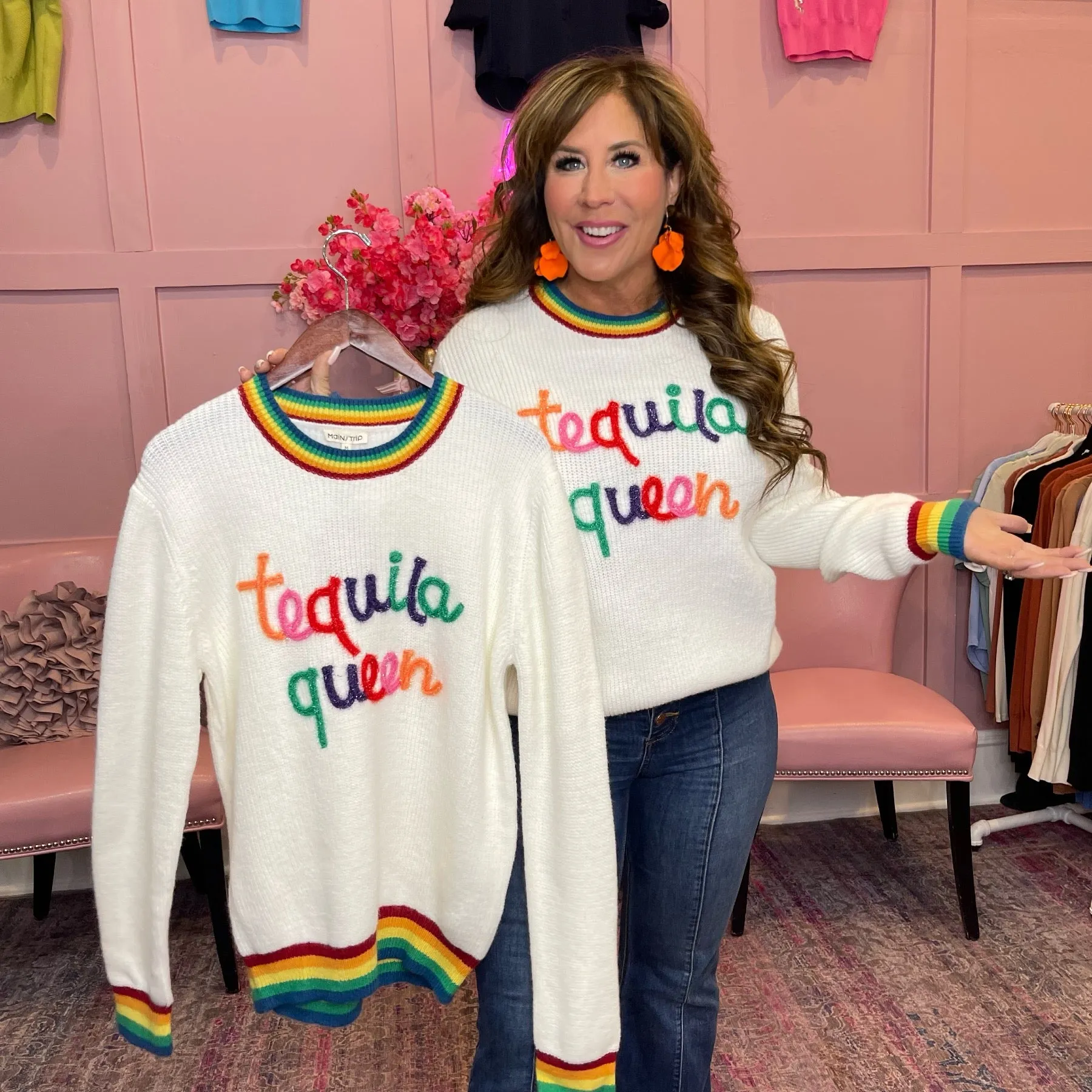 Tequila Queen Rainbow Trim Sweater