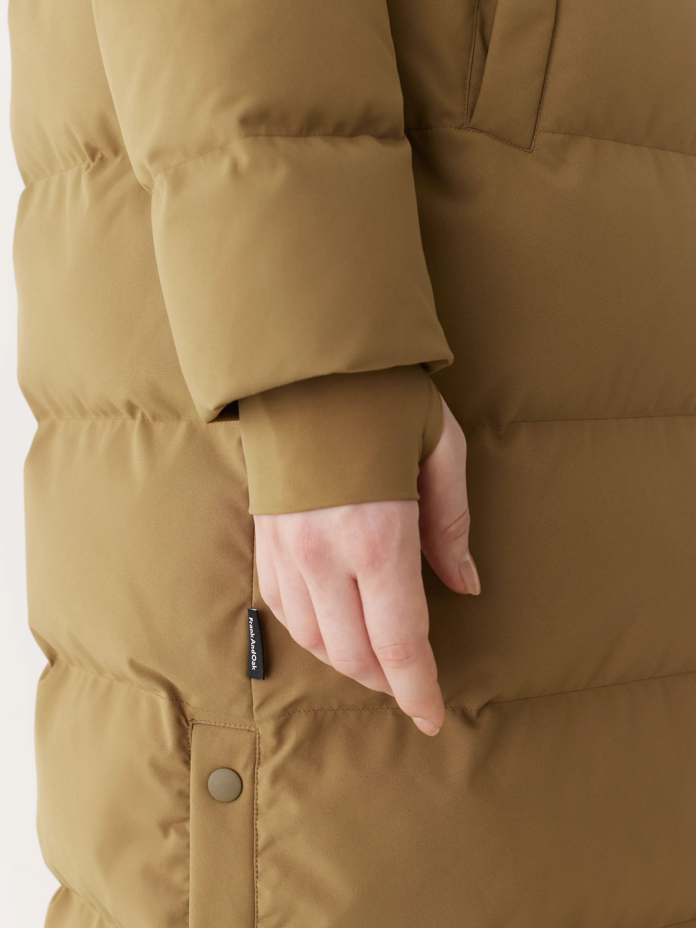 The Highland Long Puffer Coat in Amber Brown