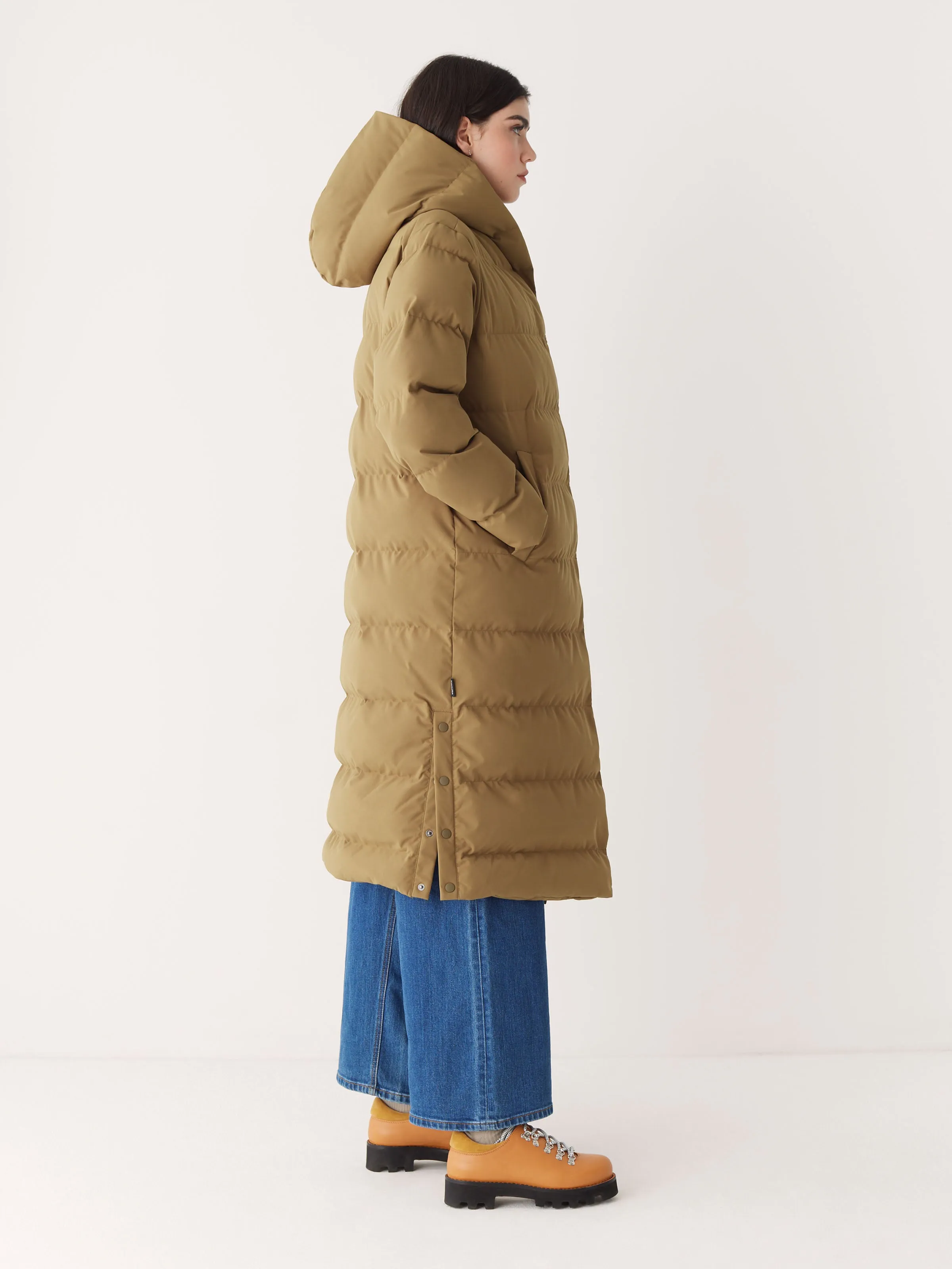 The Highland Long Puffer Coat in Amber Brown