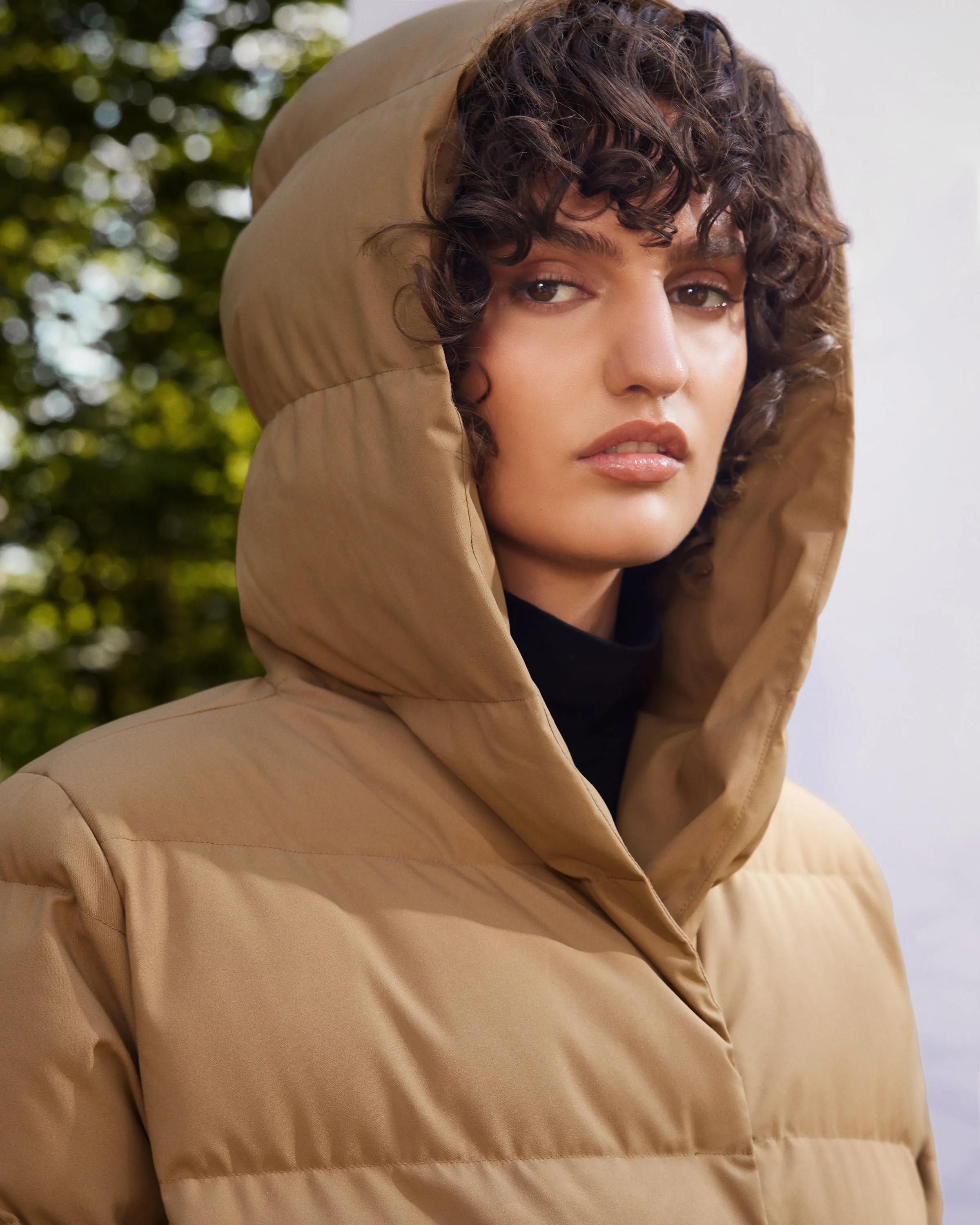 The Highland Long Puffer Coat in Amber Brown