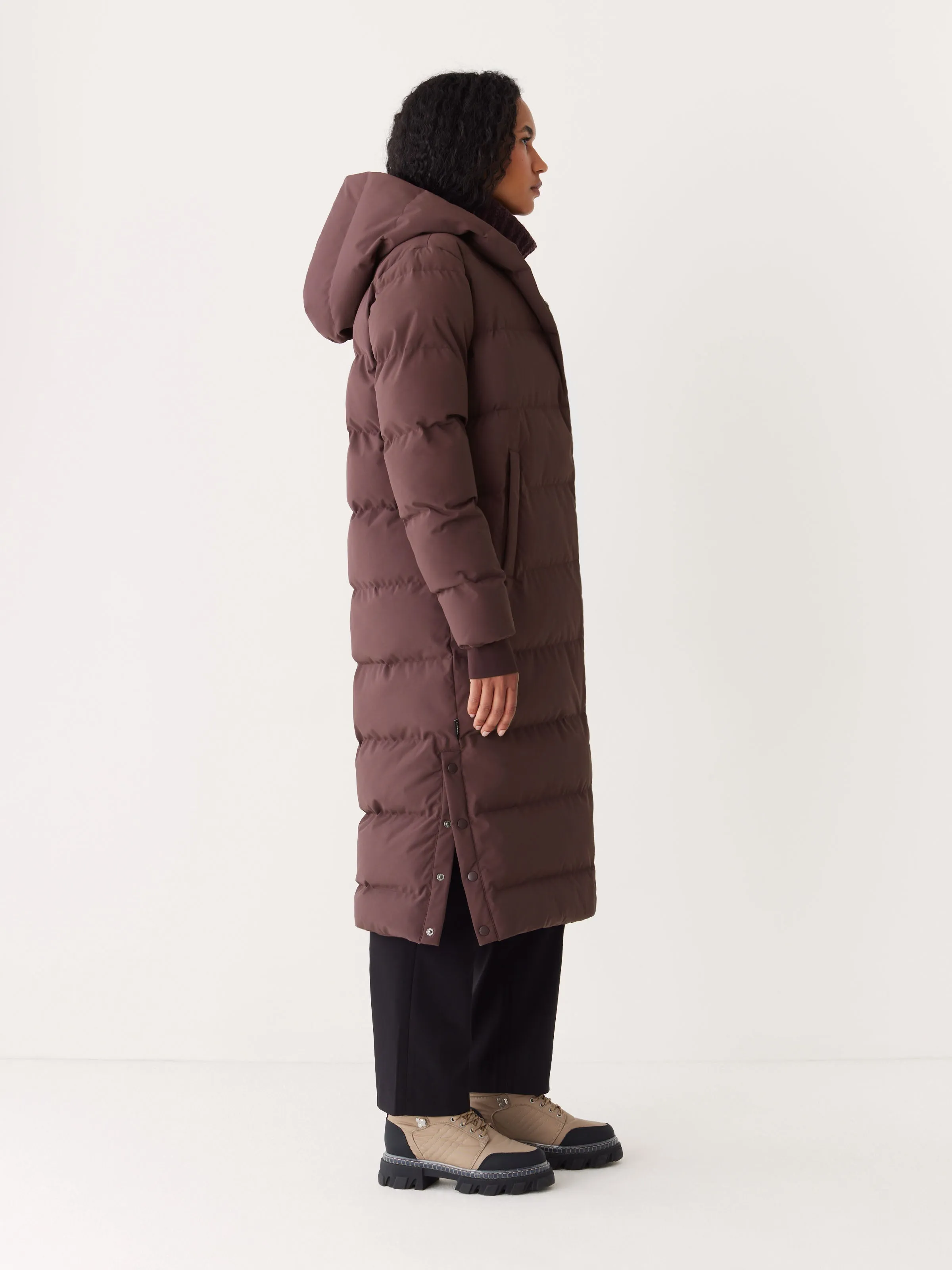 The Highland Long Puffer Coat in Burgundy