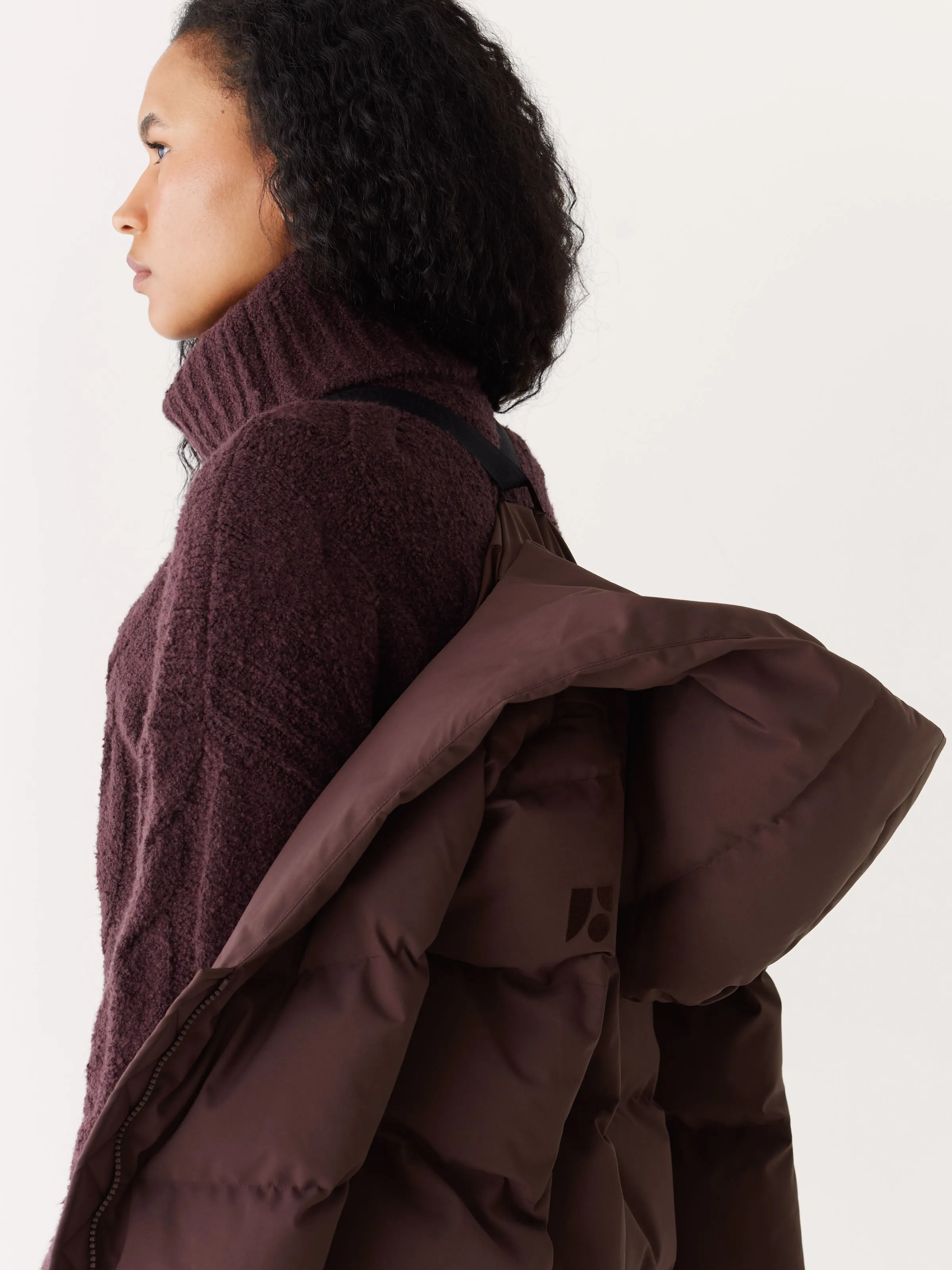 The Highland Long Puffer Coat in Burgundy