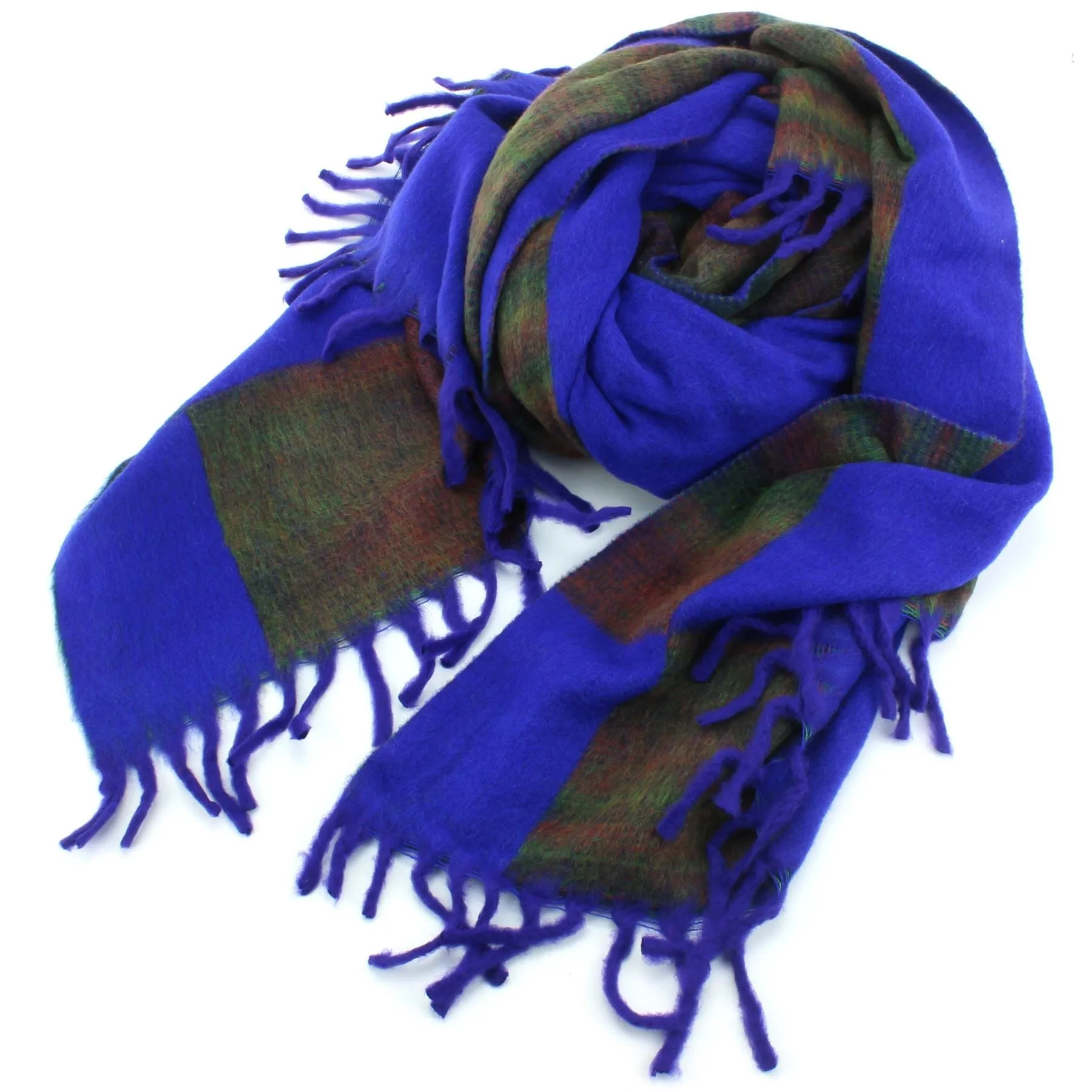 Tibetan Wool Blend Shawl Blanket - Royal Blue with Green & Red Reverse