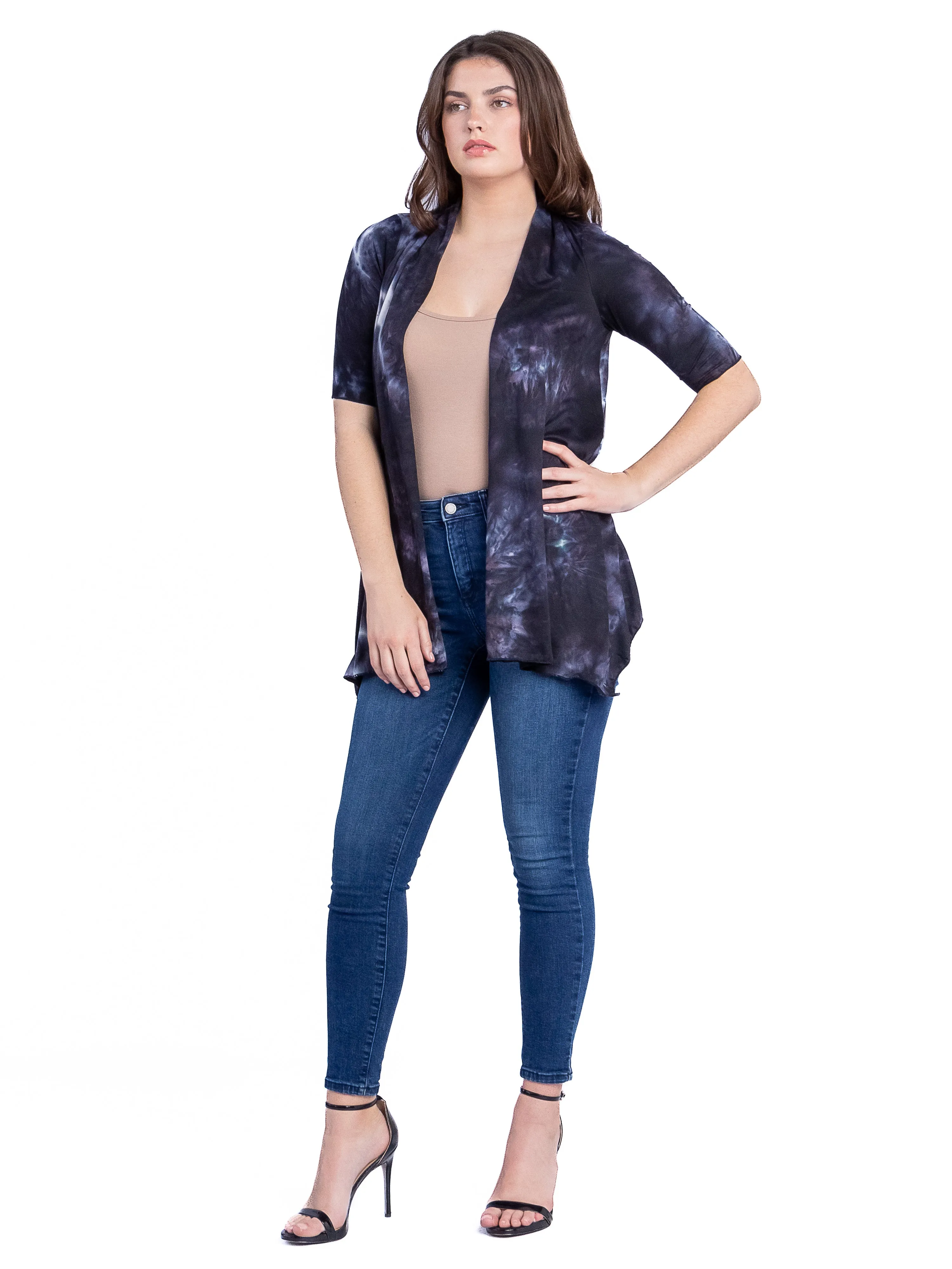 Tie Dye Elbow Sleeve Open Front Cardigan