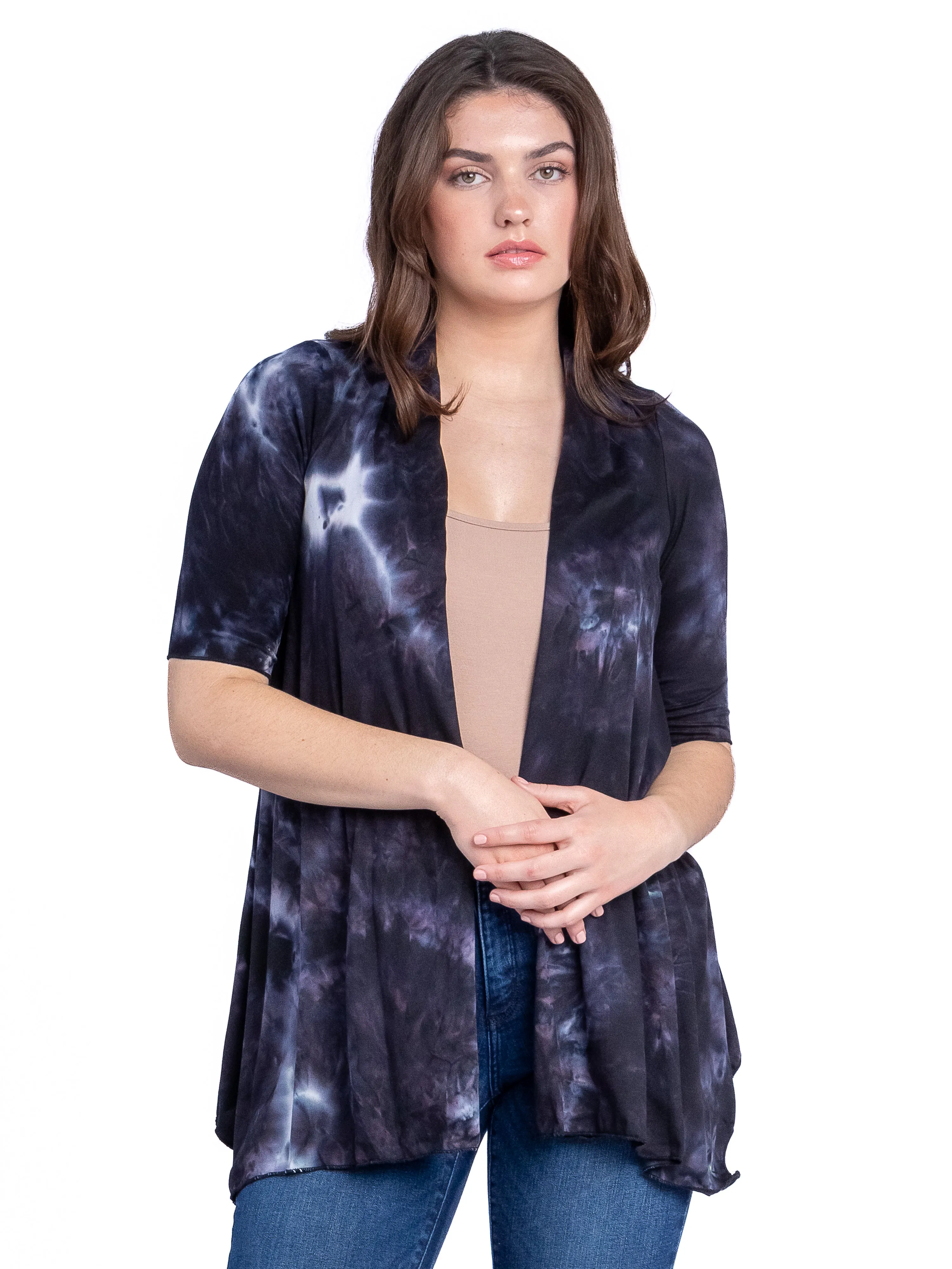 Tie Dye Elbow Sleeve Open Front Cardigan