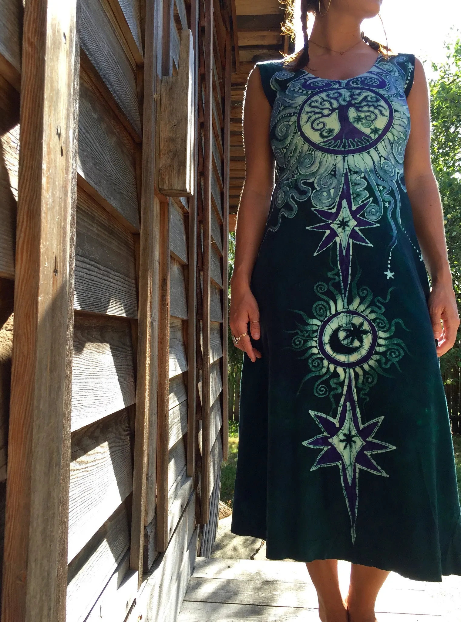 Tribal Tree in Teal and Purple Organic Cotton Batik Dress - Midi Length