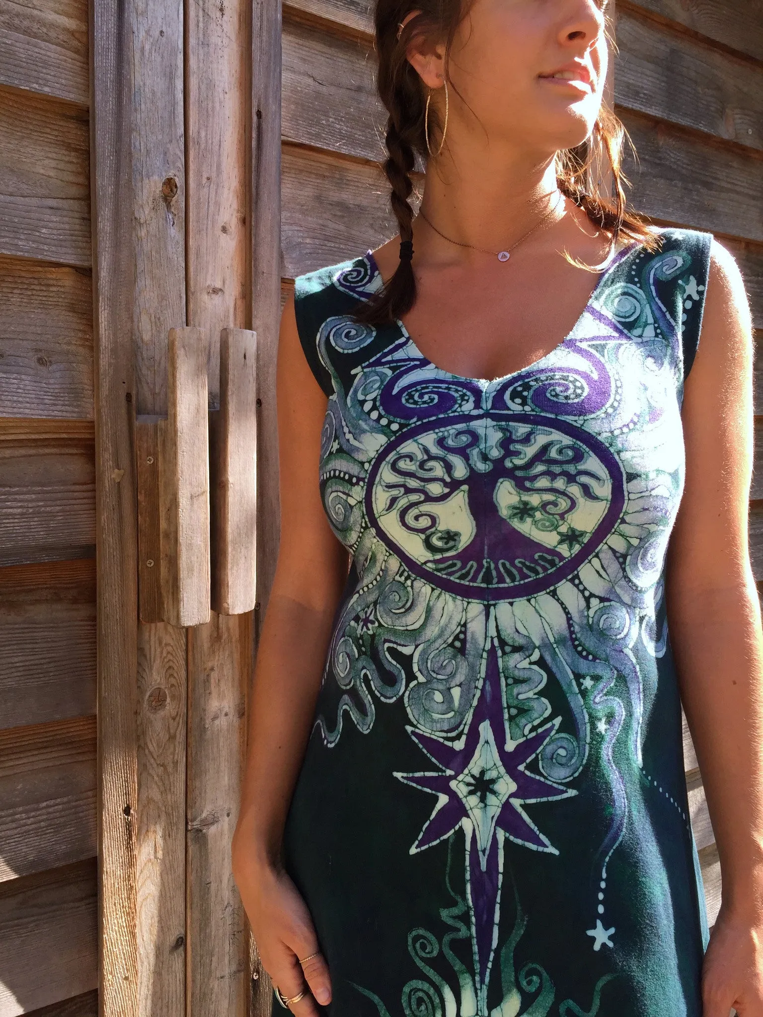 Tribal Tree in Teal and Purple Organic Cotton Batik Dress - Midi Length