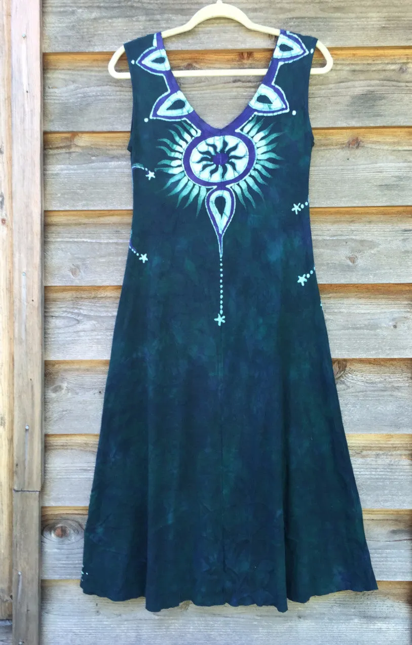 Tribal Tree in Teal and Purple Organic Cotton Batik Dress - Midi Length