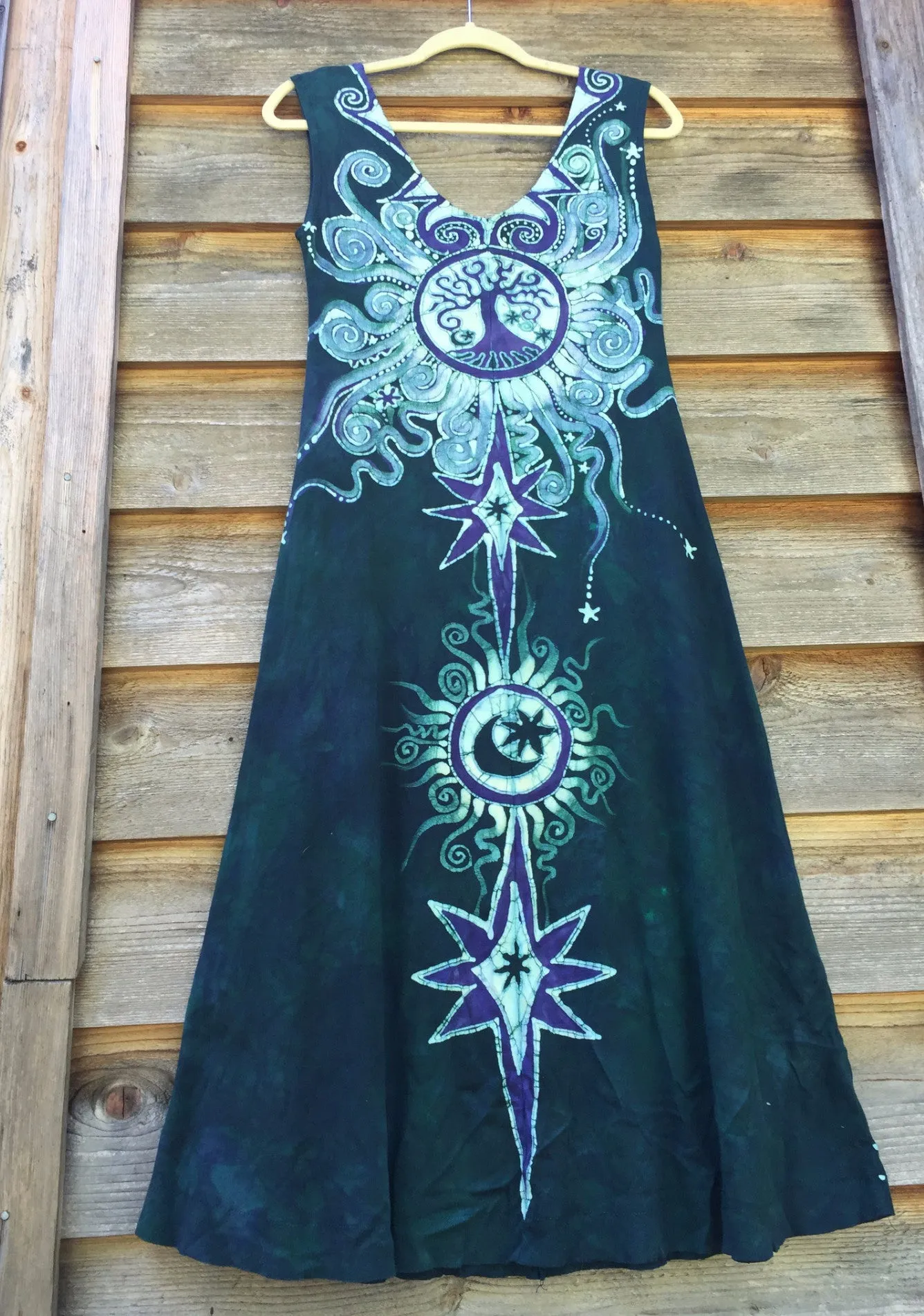 Tribal Tree in Teal and Purple Organic Cotton Batik Dress - Midi Length