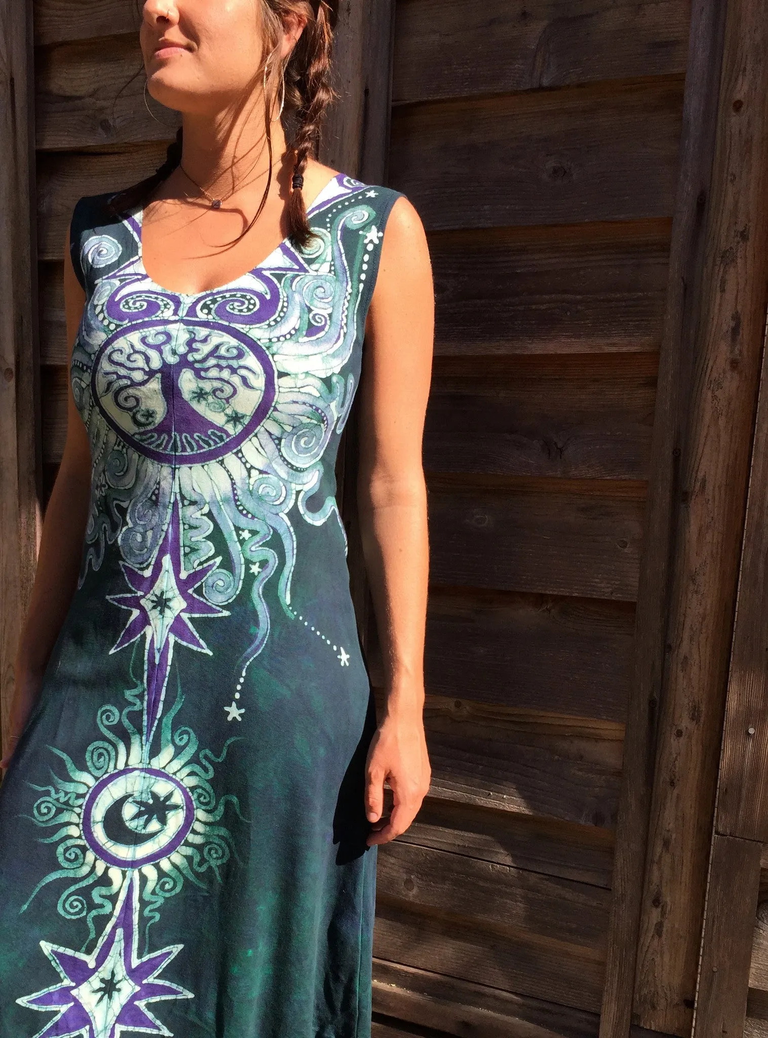 Tribal Tree in Teal and Purple Organic Cotton Batik Dress - Midi Length