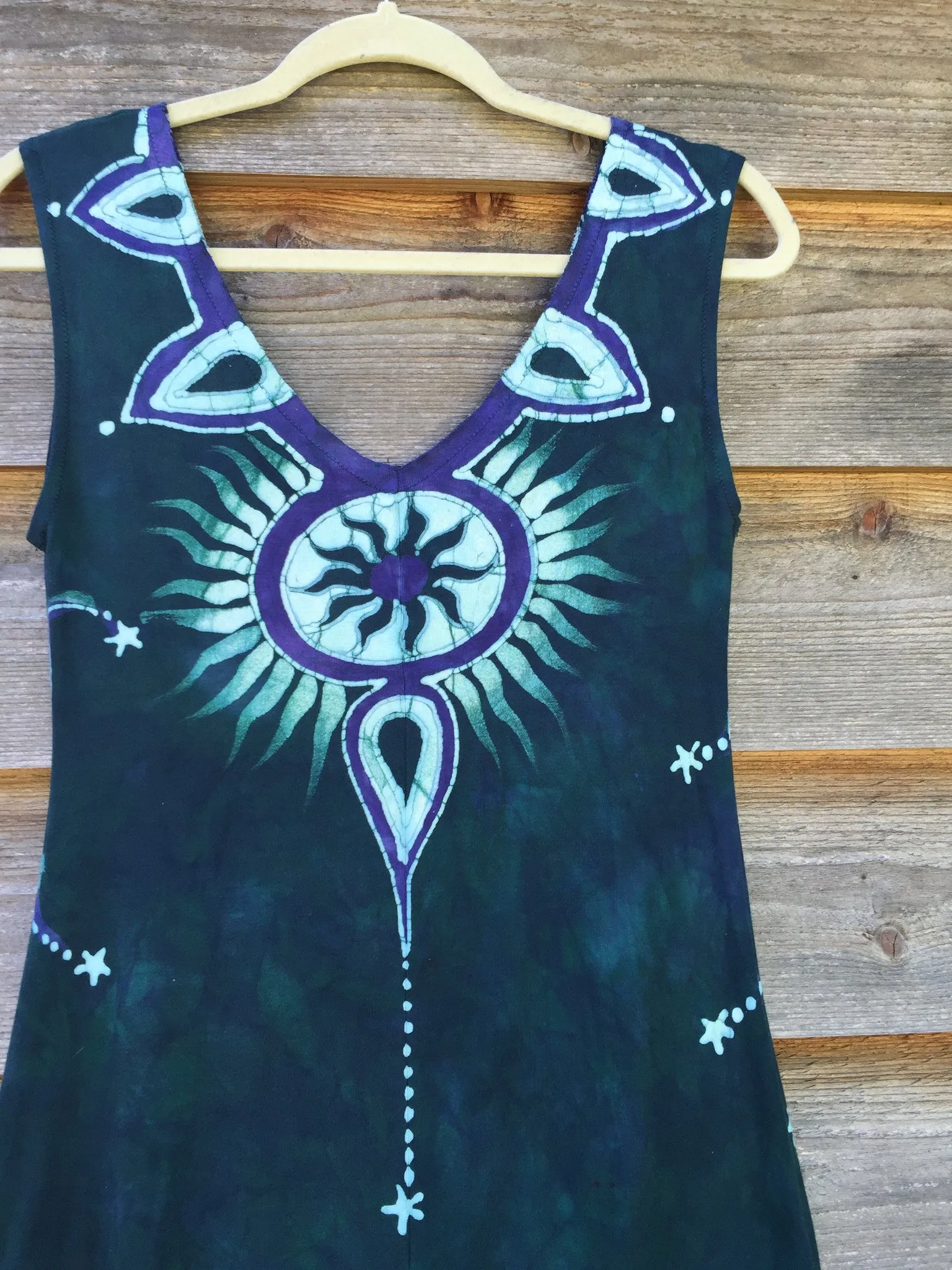 Tribal Tree in Teal and Purple Organic Cotton Batik Dress - Midi Length