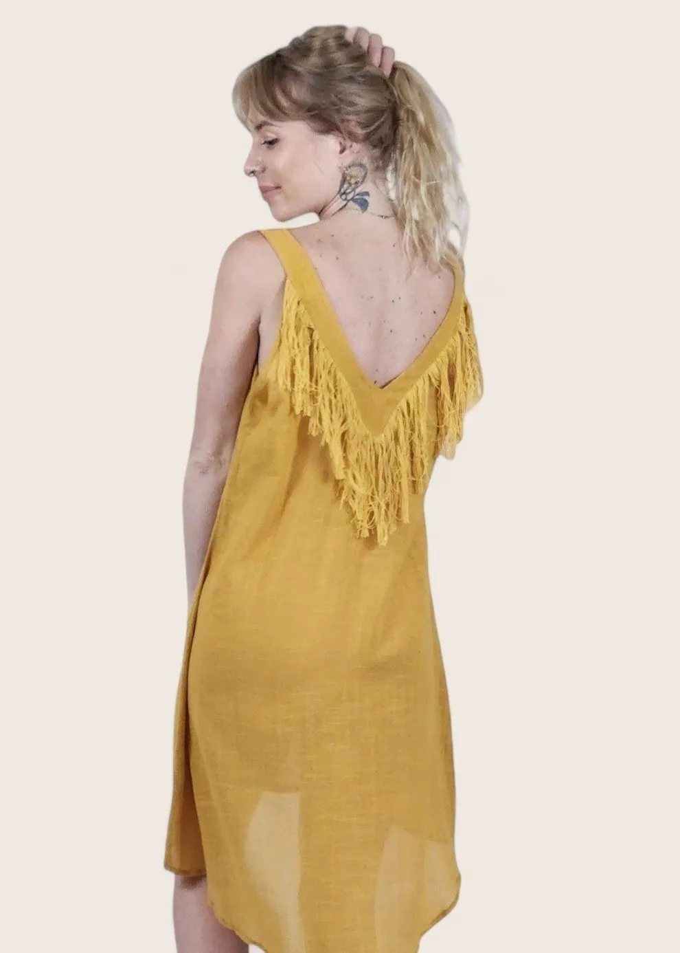 Turmeric Organic Linen Mini Dress with Fringe