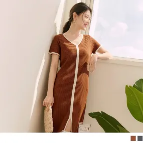 V-NECK CONTRAST COLOR KNIT SHORT SLEEVE MAXI DRESS