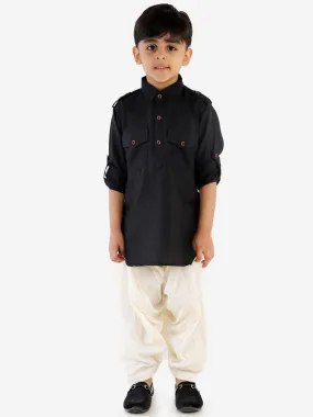 VASTRAMAY Boy's Black Cotton Blend Pathani Suit Set