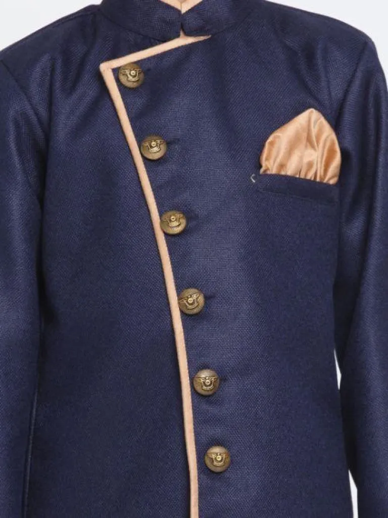 Vastramay Boy's Blue Jute Blend Sherwani Set