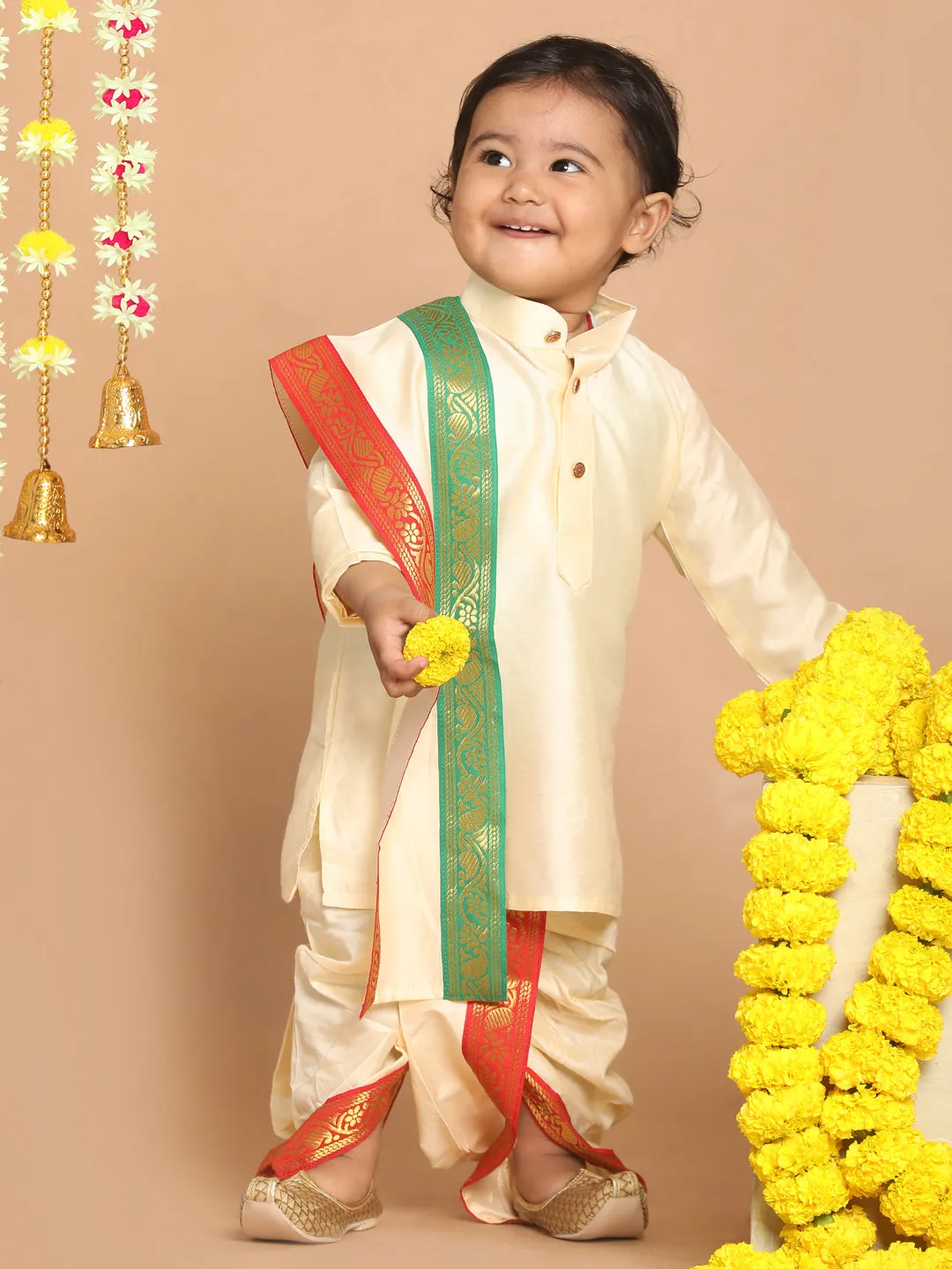 VASTRAMAY Boy's Gold-Toned Kurta with Dhoti Pants & With Dupatta