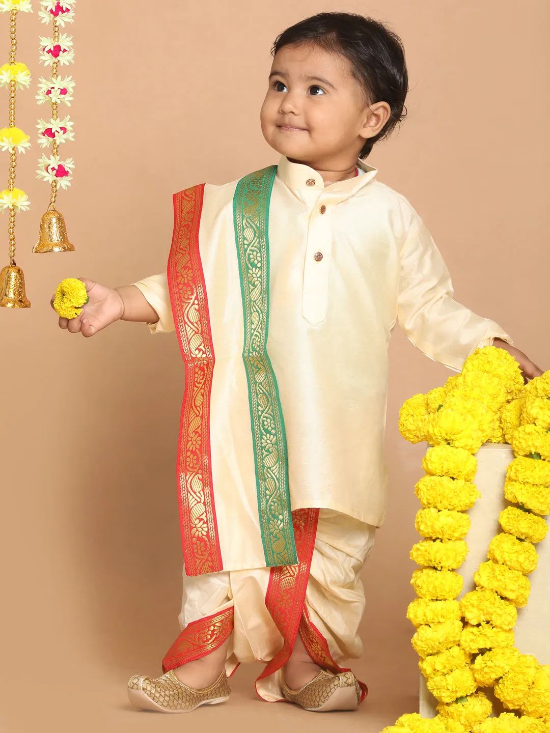 VASTRAMAY Boy's Gold-Toned Kurta with Dhoti Pants & With Dupatta