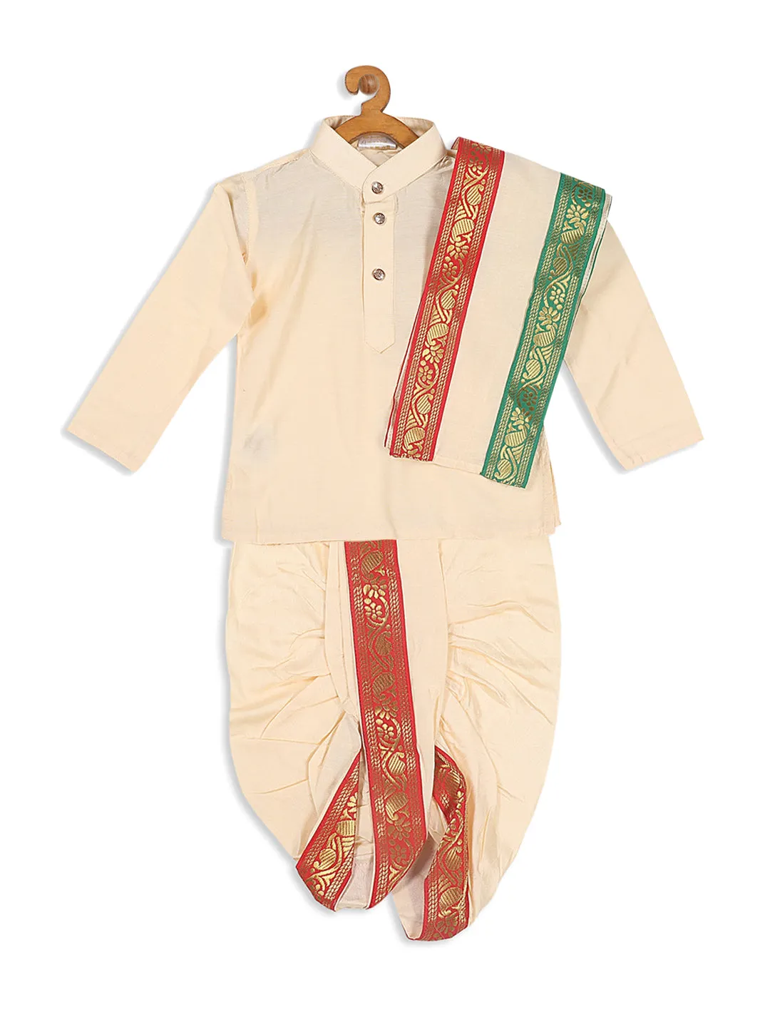 VASTRAMAY Boy's Gold-Toned Kurta with Dhoti Pants & With Dupatta