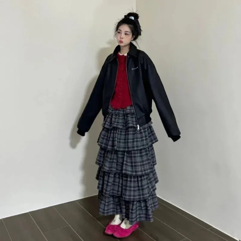 Vevesc Vintage Ruffle Plaid Skirt Women Elegant Sweet Long Skirts Japanese Style Streetwear Fashion Patchwork Layered Skirt