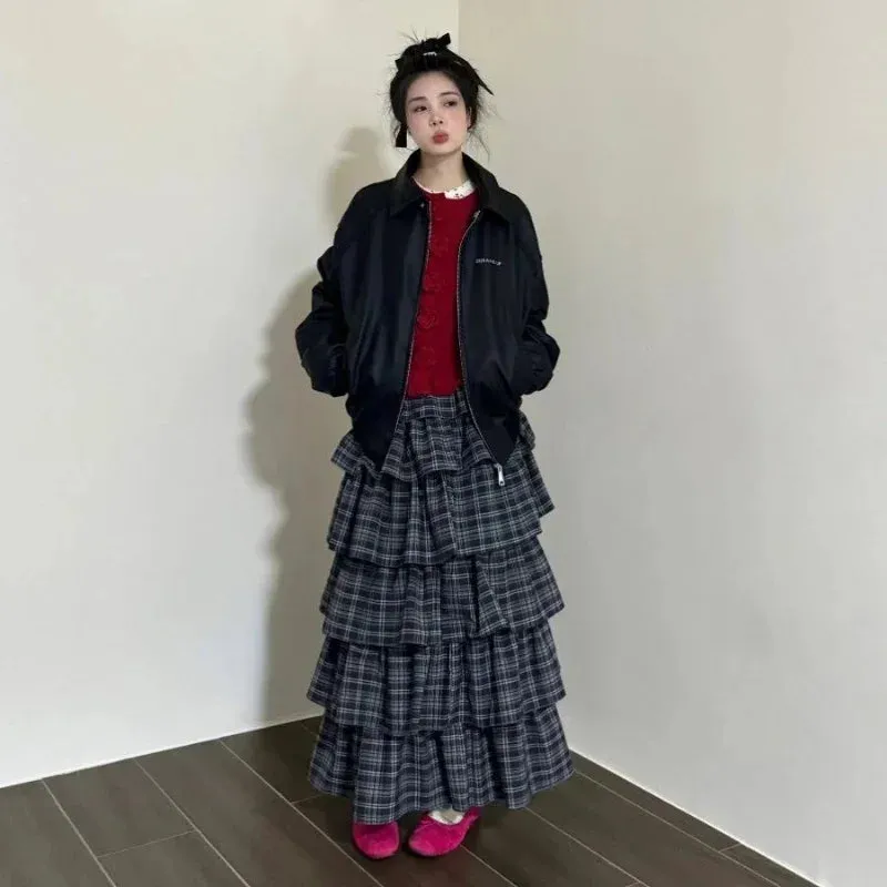 Vevesc Vintage Ruffle Plaid Skirt Women Elegant Sweet Long Skirts Japanese Style Streetwear Fashion Patchwork Layered Skirt