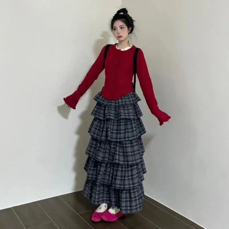 Vevesc Vintage Ruffle Plaid Skirt Women Elegant Sweet Long Skirts Japanese Style Streetwear Fashion Patchwork Layered Skirt