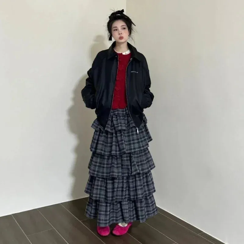 Vevesc Vintage Ruffle Plaid Skirt Women Elegant Sweet Long Skirts Japanese Style Streetwear Fashion Patchwork Layered Skirt