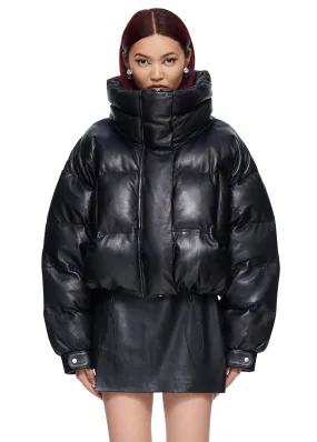 VIAVIA Genuine Leather Puffer Coat in Black