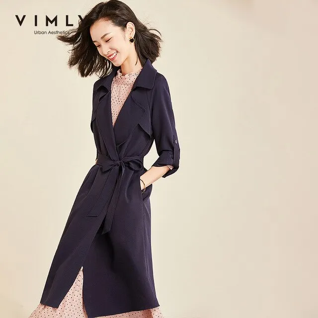 Vimly 2020 Autumn Winter Women Vintage Trench Coat Fashion Lapel Loose Solid Long Sleeve Belt Elegant Female Long Jacket 98810